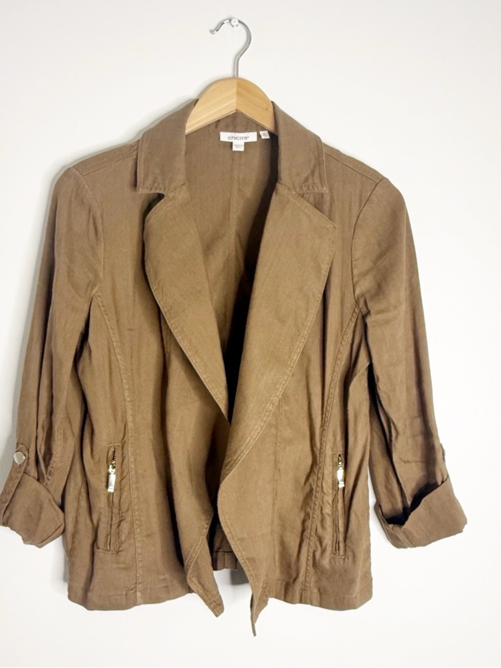 Chico’s 0 Brown Linen Blend Open Front Jacket Size US 4 Lightweight Blazer